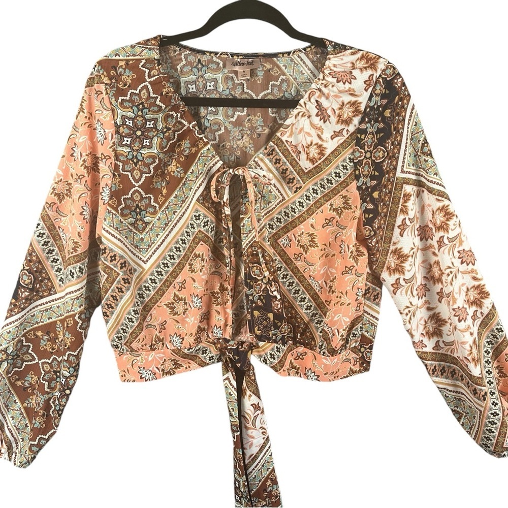 Willow & Root Patchwork Front Tie Long Sleeve Top - image 1